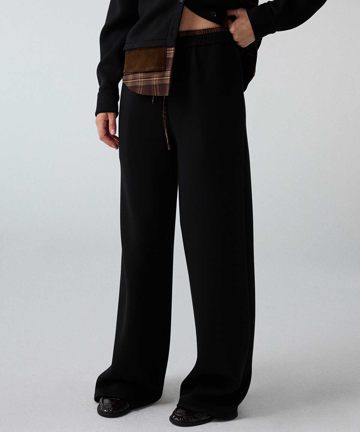 Plaid-Waist Wide-Leg Trousers