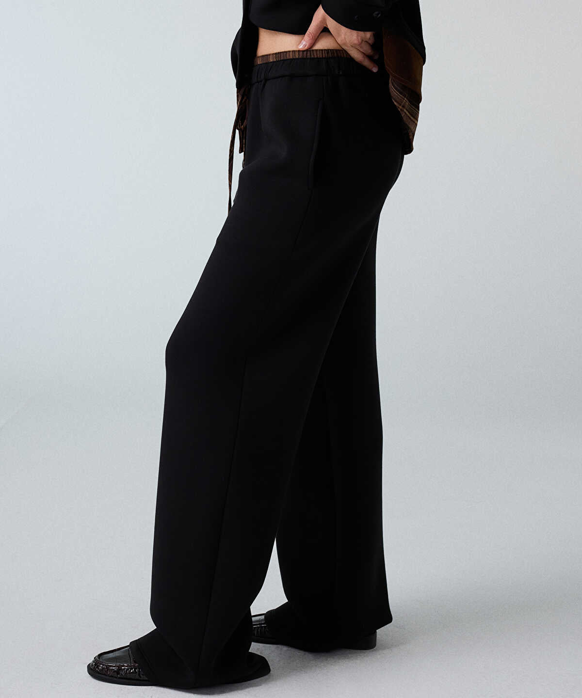 Plaid-Waist Wide-Leg Trousers
