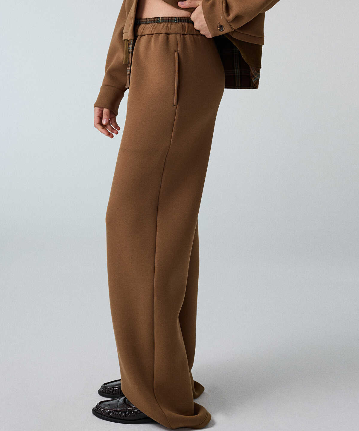 Plaid-Waist Wide-Leg Trousers