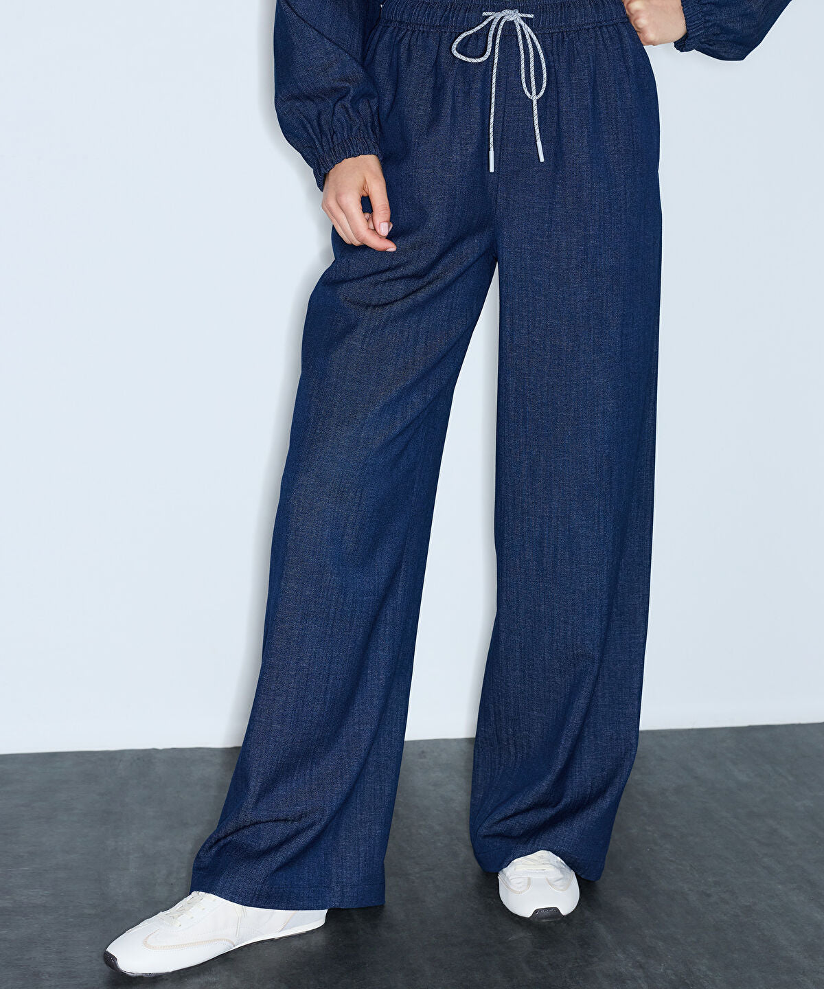 Zoomed Denim-Effect Wide-Leg Trousers