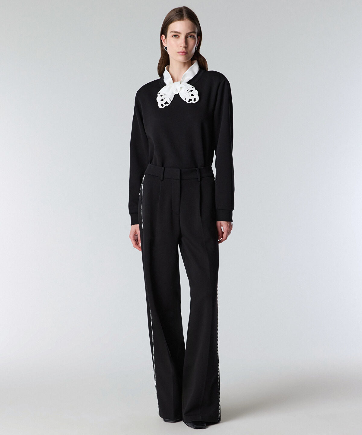 Faux-Pearl Trim Wide-Leg Trousers