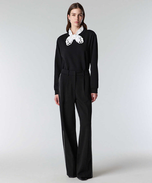 Faux-Pearl Trim Wide-Leg Trousers