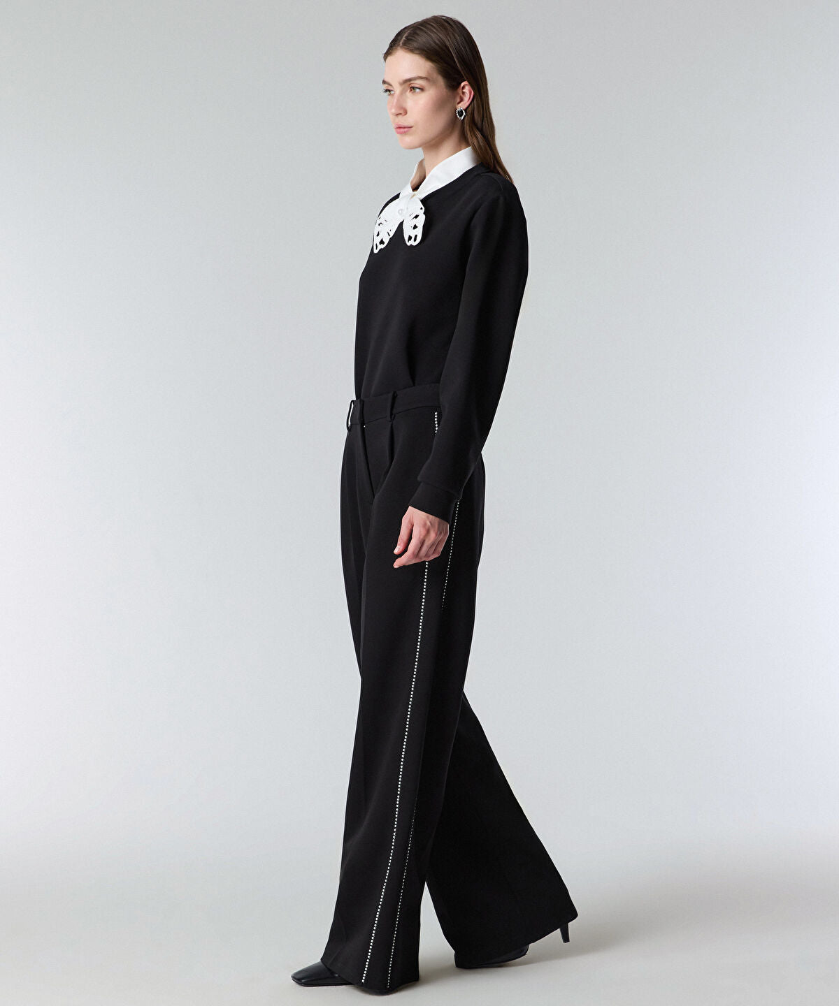 Zoomed Faux-Pearl Trim Wide-Leg Trousers