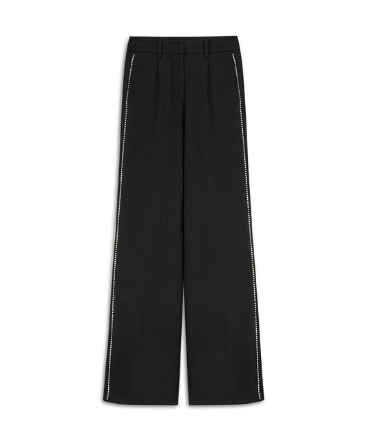 Faux-Pearl Trim Wide-Leg Trousers