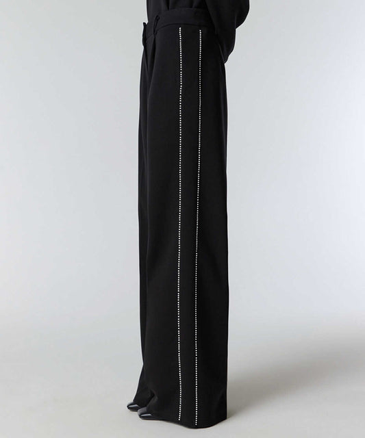 Faux-Pearl Trim Wide-Leg Trousers