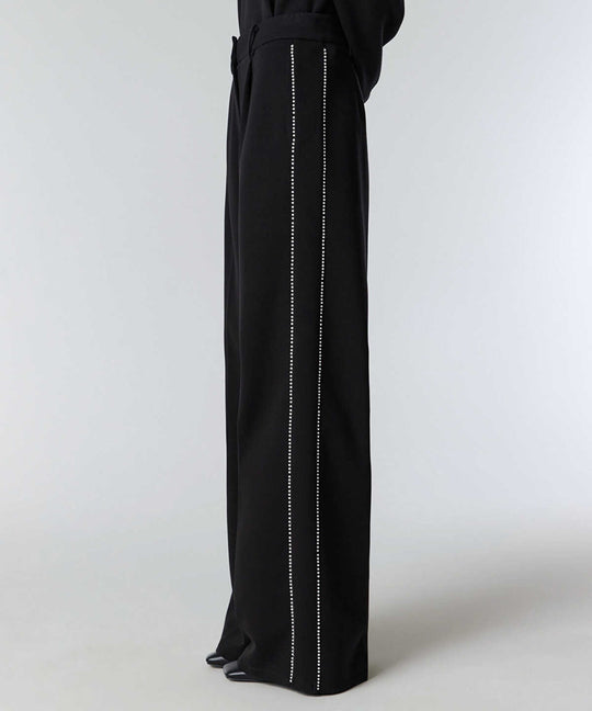 Faux-Pearl Trim Wide-Leg Trousers
