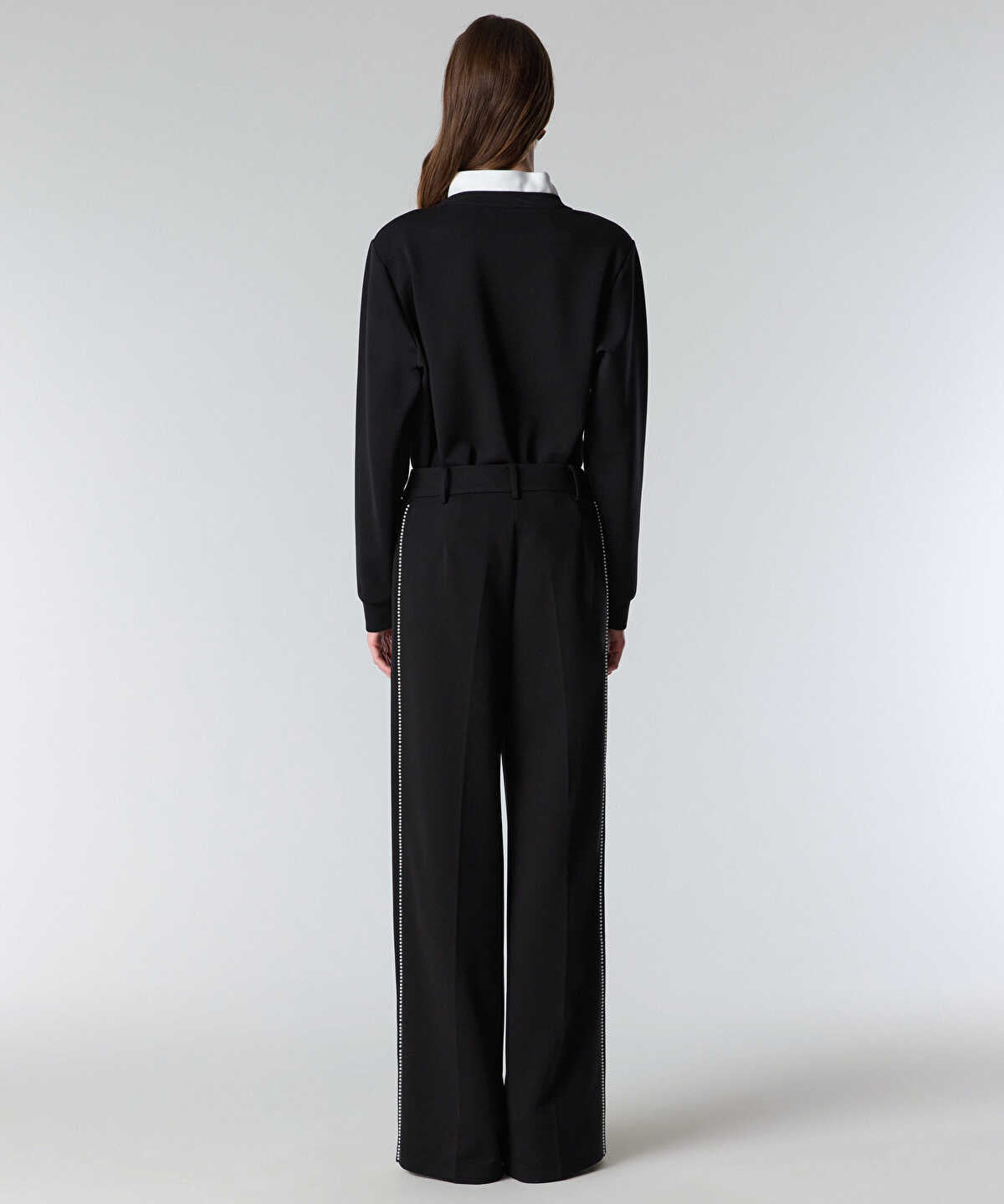 Faux-Pearl Trim Wide-Leg Trousers