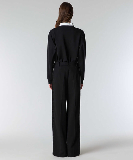 Faux-Pearl Trim Wide-Leg Trousers