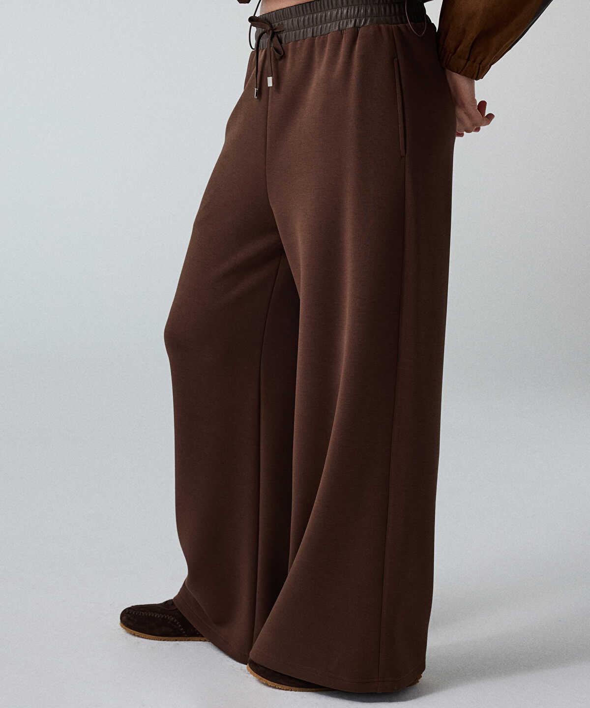 Faux-Leather Waist Wide-Leg Trousers