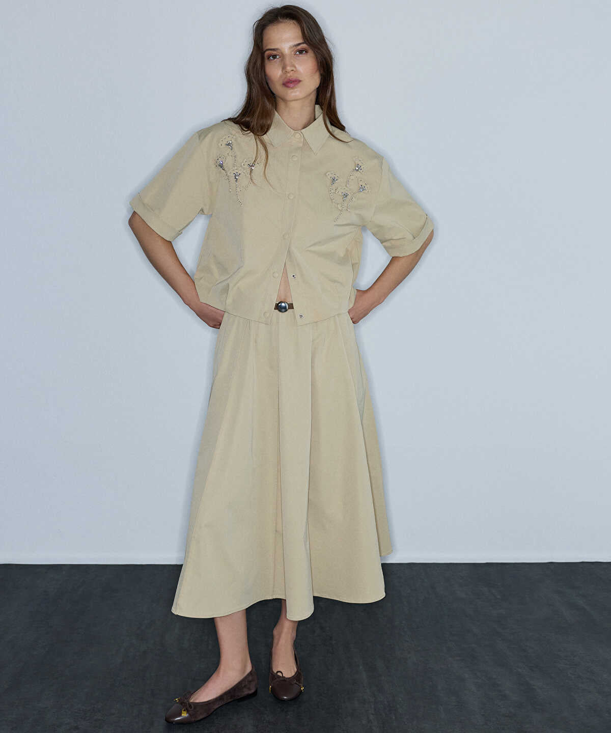 Faux-Leather Belted Midi Skirt