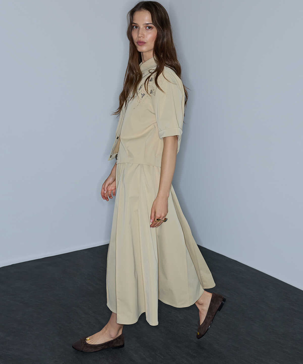 Faux-Leather Belted Midi Skirt