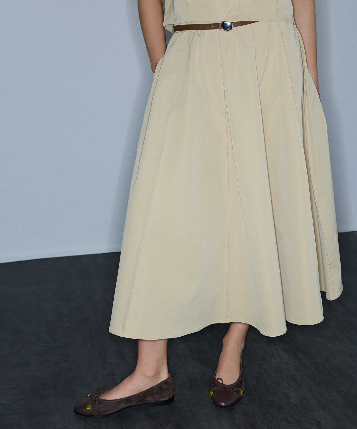 Faux-Leather Belted Midi Skirt