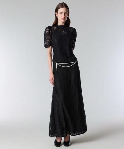 Faux Pearl Belted Textured Skirt