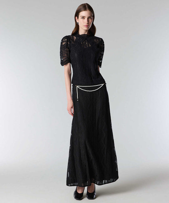 Faux Pearl Belted Textured Skirt