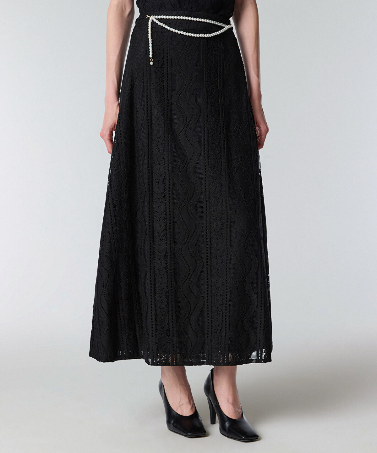 Faux Pearl Belted Textured Skirt