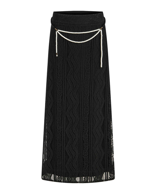 Faux Pearl Belted Textured Skirt