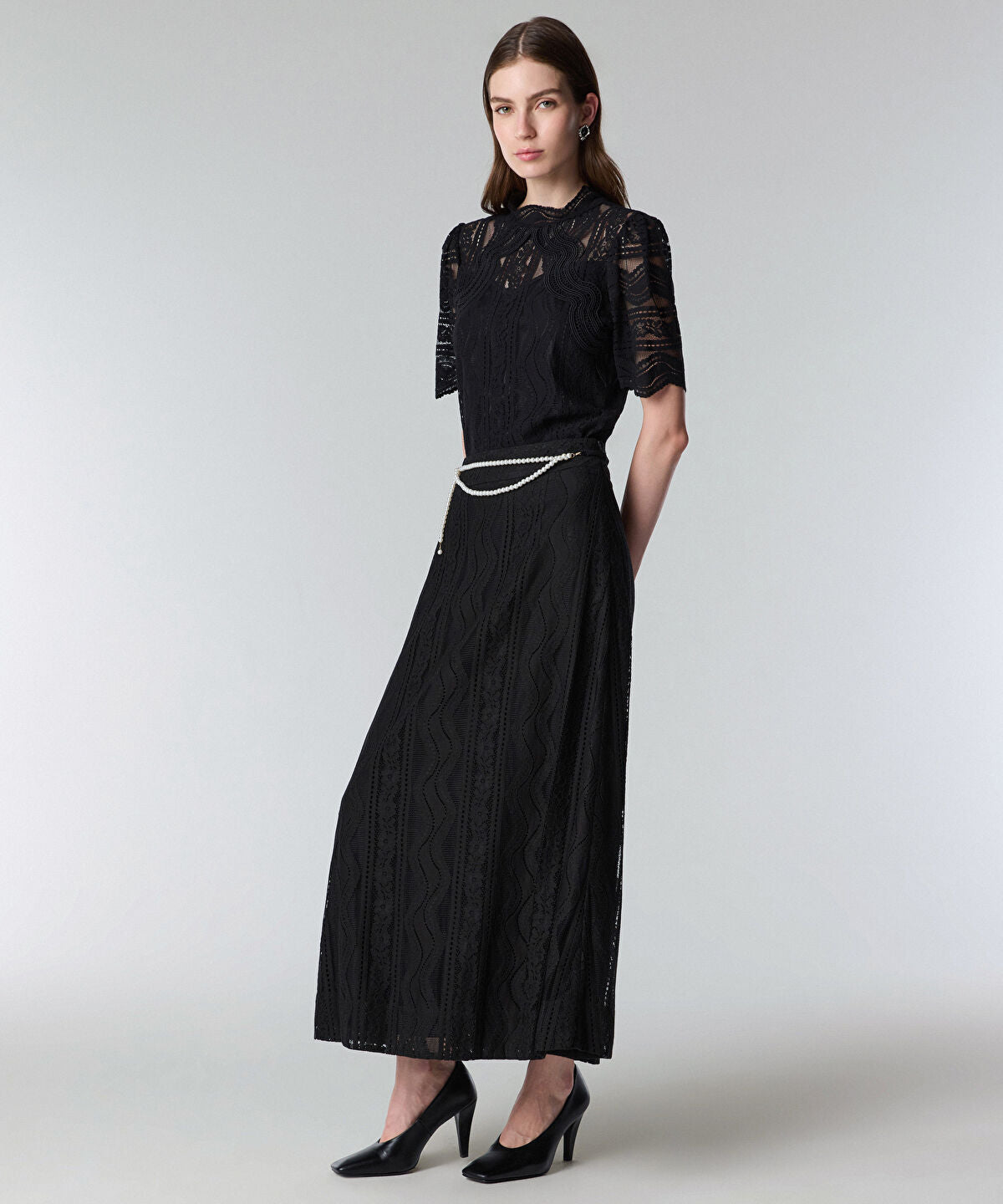 Faux Pearl Belted Textured Skirt