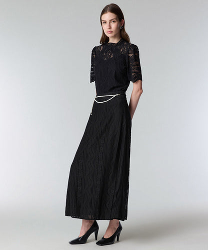 Faux Pearl Belted Textured Skirt