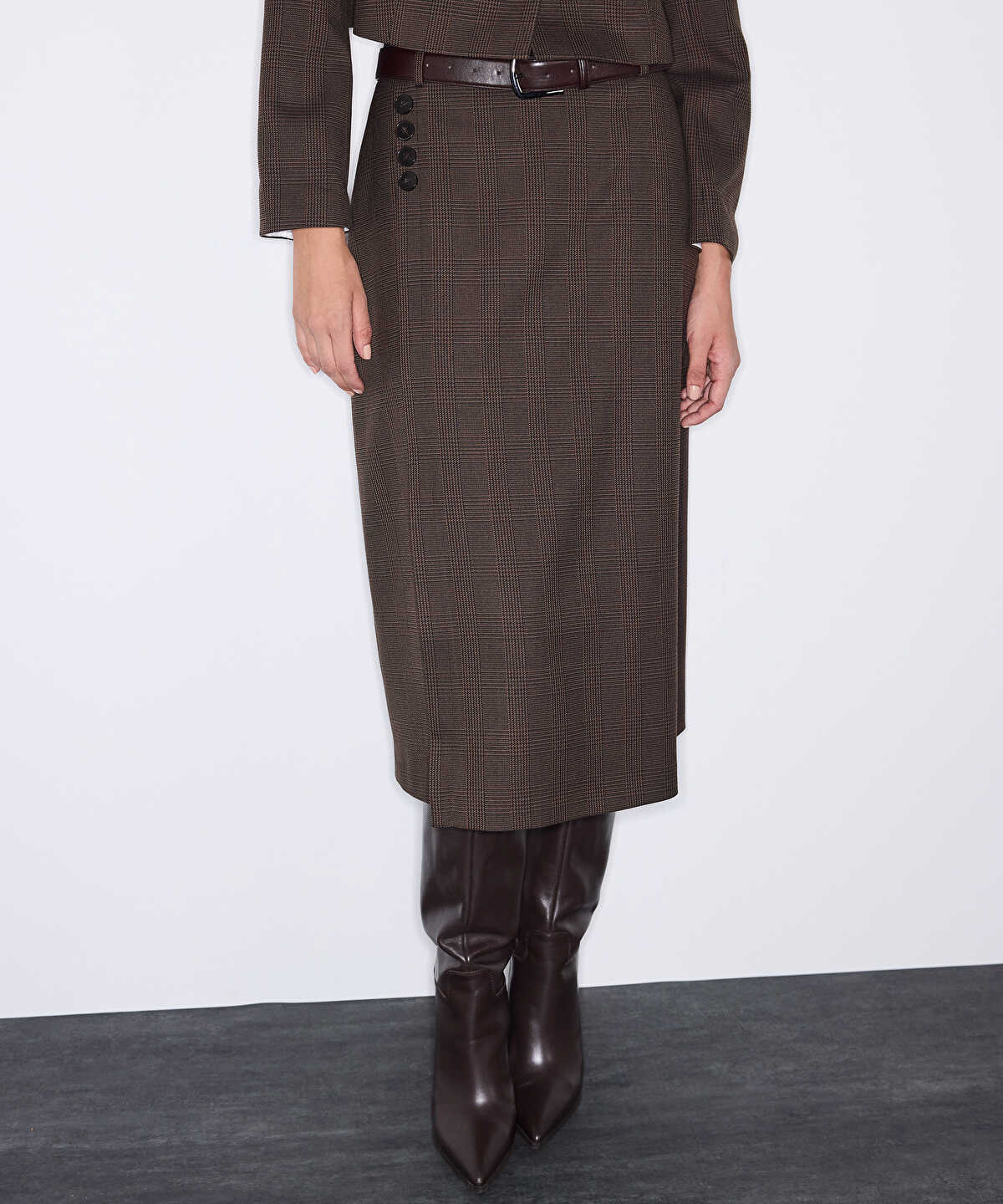 Belted Check Pencil Skirt