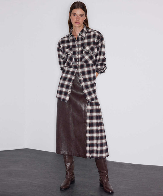 Check-Panel Faux-Leather Skirt