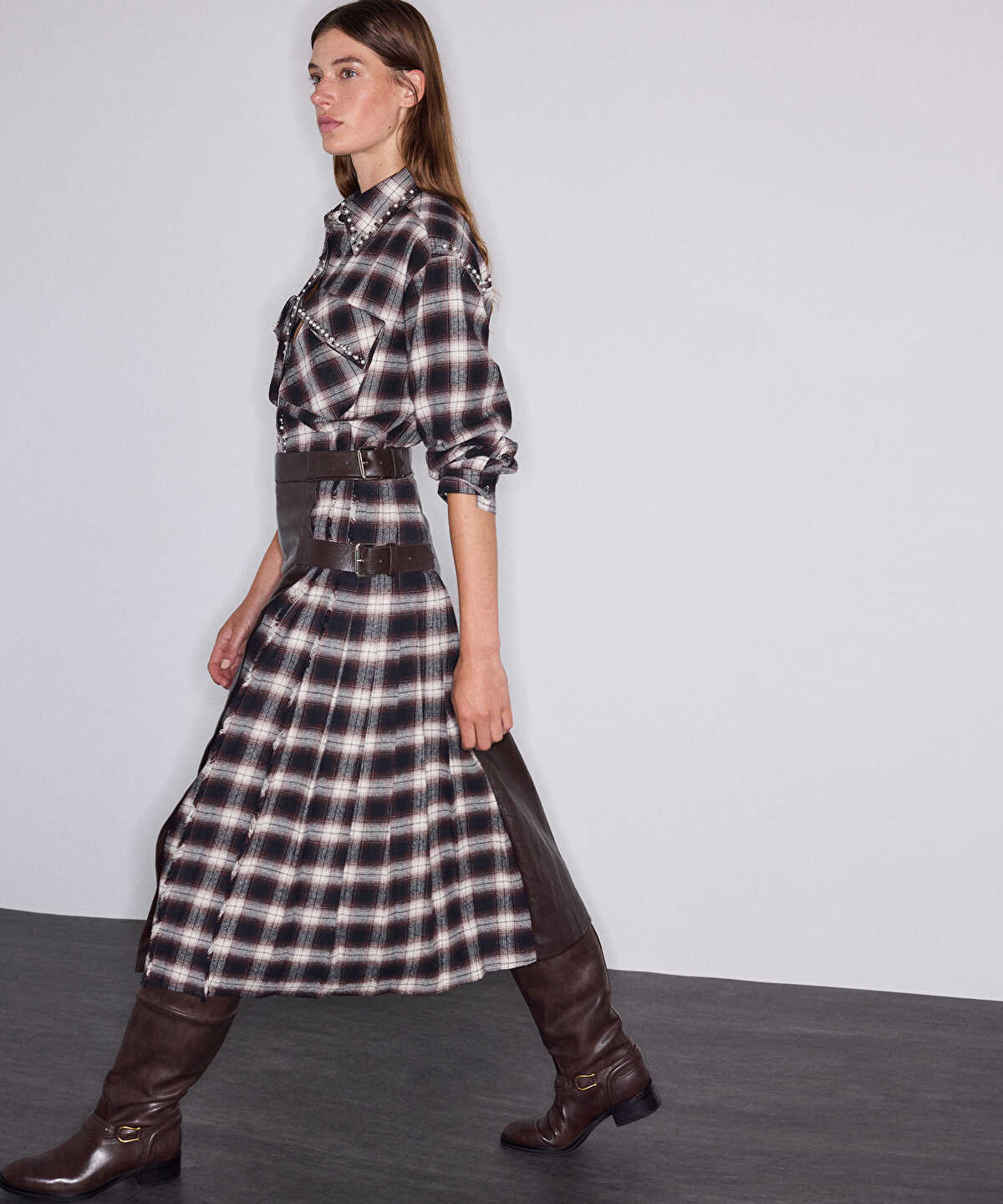 Check-Panel Faux-Leather Skirt