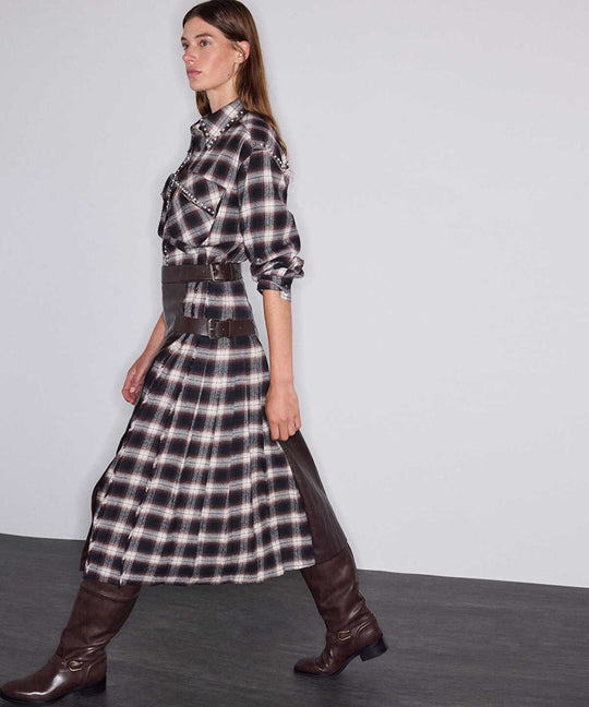Check-Panel Faux-Leather Skirt