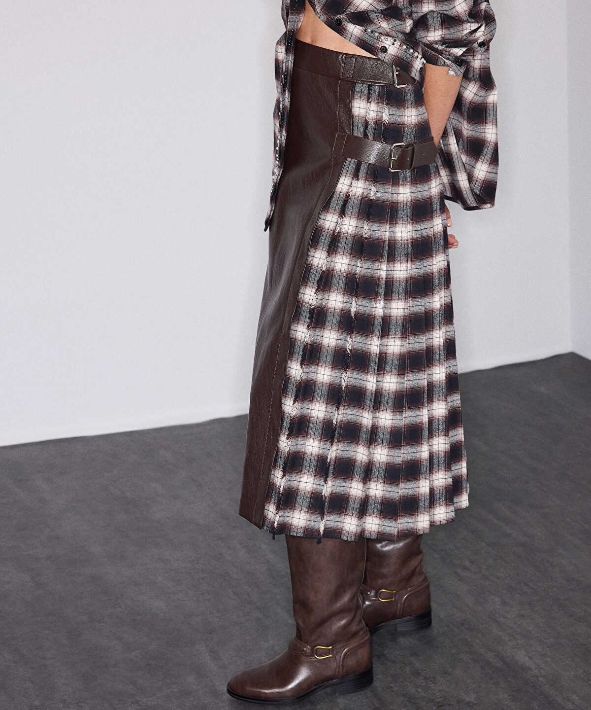 Check-Panel Faux-Leather Skirt