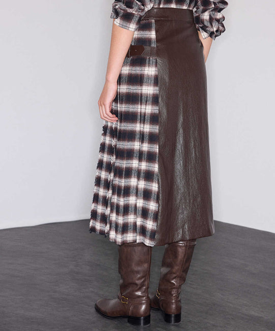 Check-Panel Faux-Leather Skirt