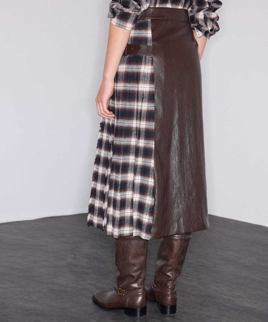 Check-Panel Faux-Leather Skirt
