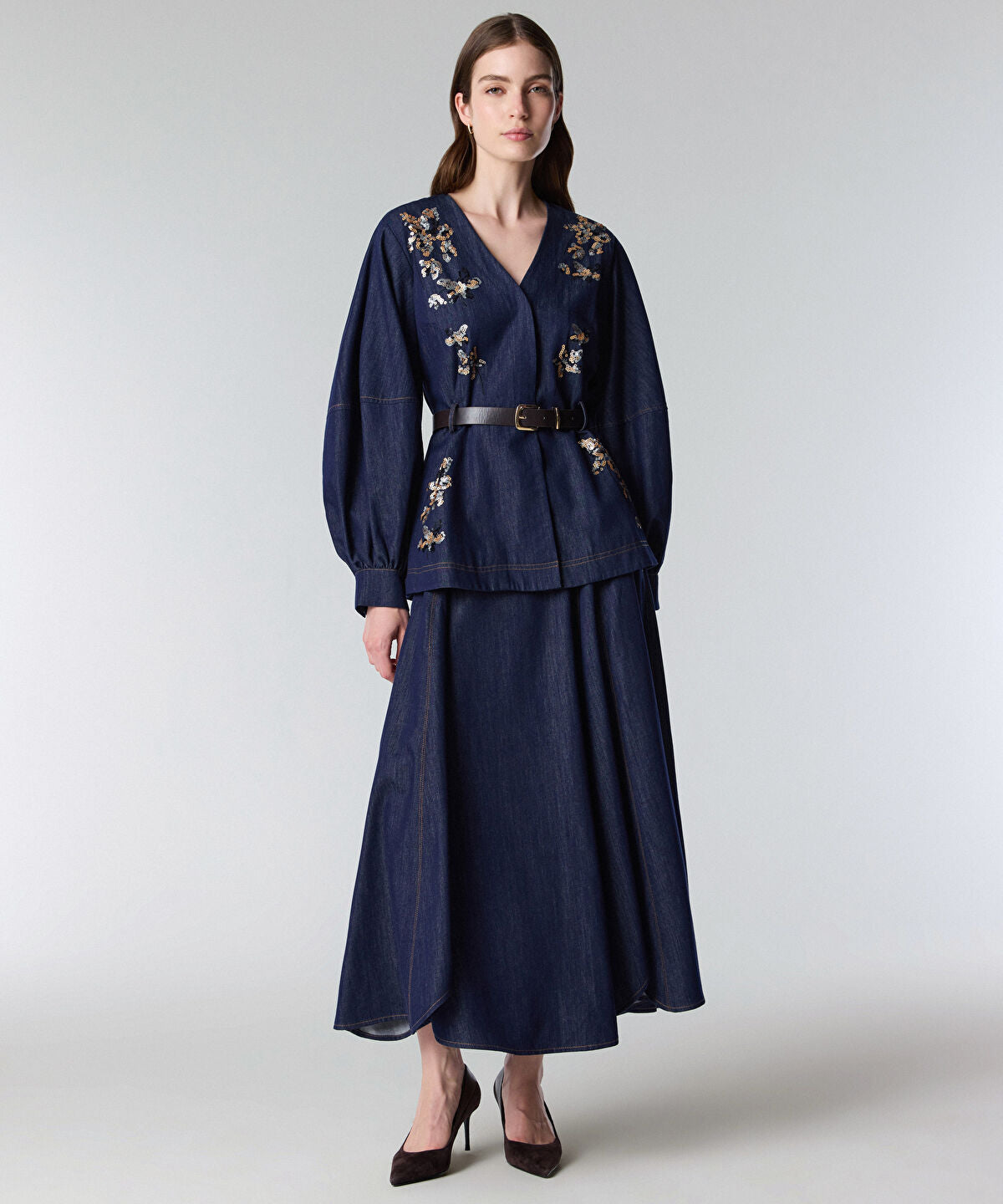 Zoomed Embroidered Peplum Denim Jacket
