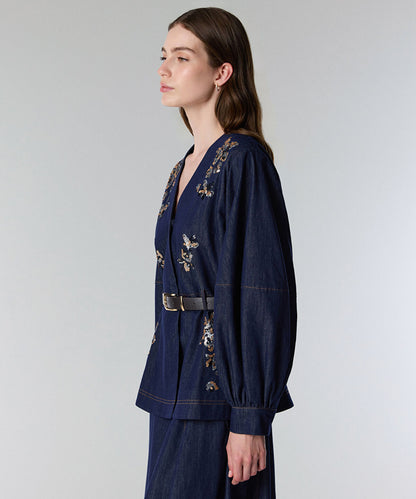 Embroidered Peplum Denim Jacket
