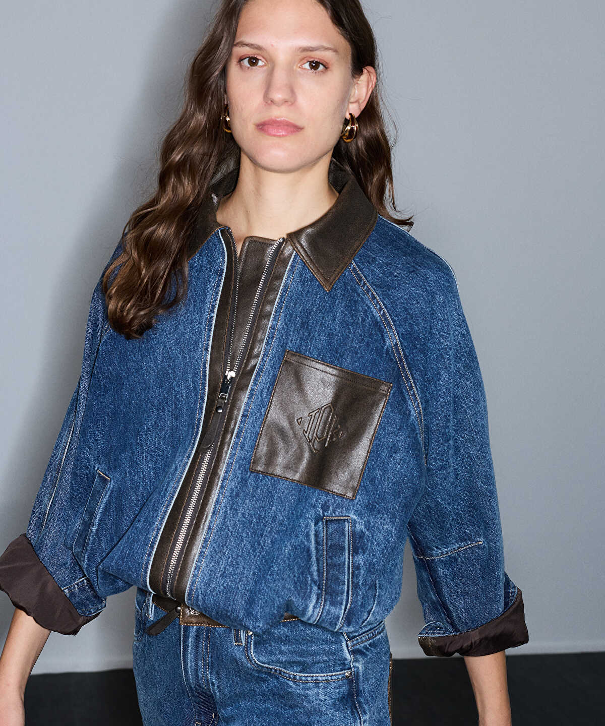 Leather-Effect Trim Denim Jacket