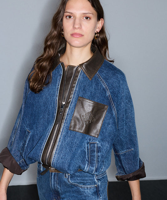 Leather-Effect Trim Denim Jacket