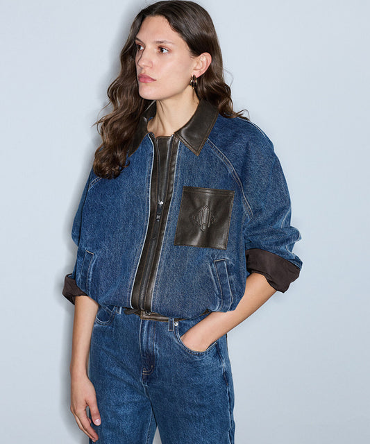 Leather-Effect Trim Denim Jacket