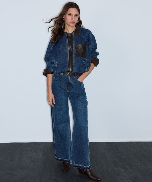Leather-Effect Trim Denim Jacket
