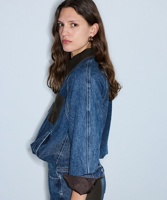 Leather-Effect Trim Denim Jacket
