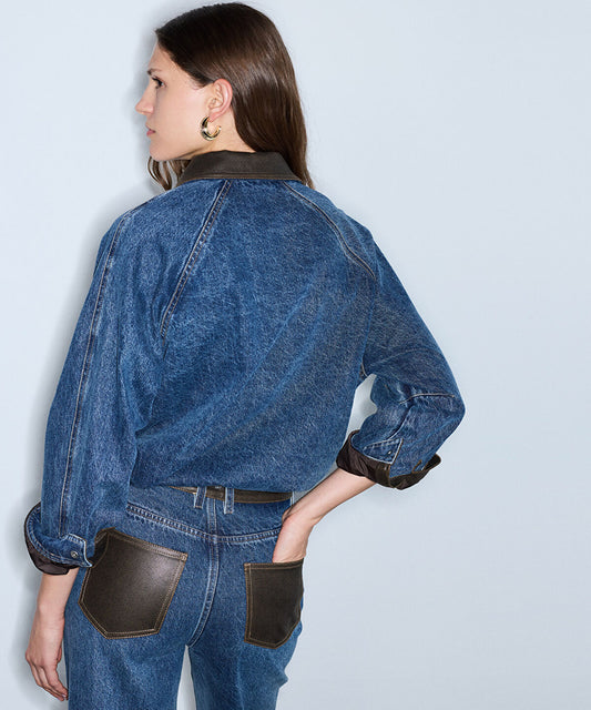 Leather-Effect Trim Denim Jacket