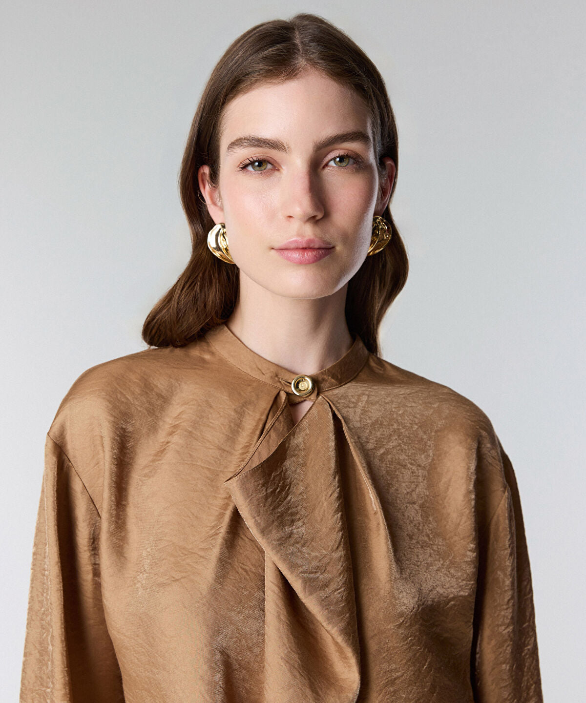 Zoomed Draped-Neck Shimmer Blouse