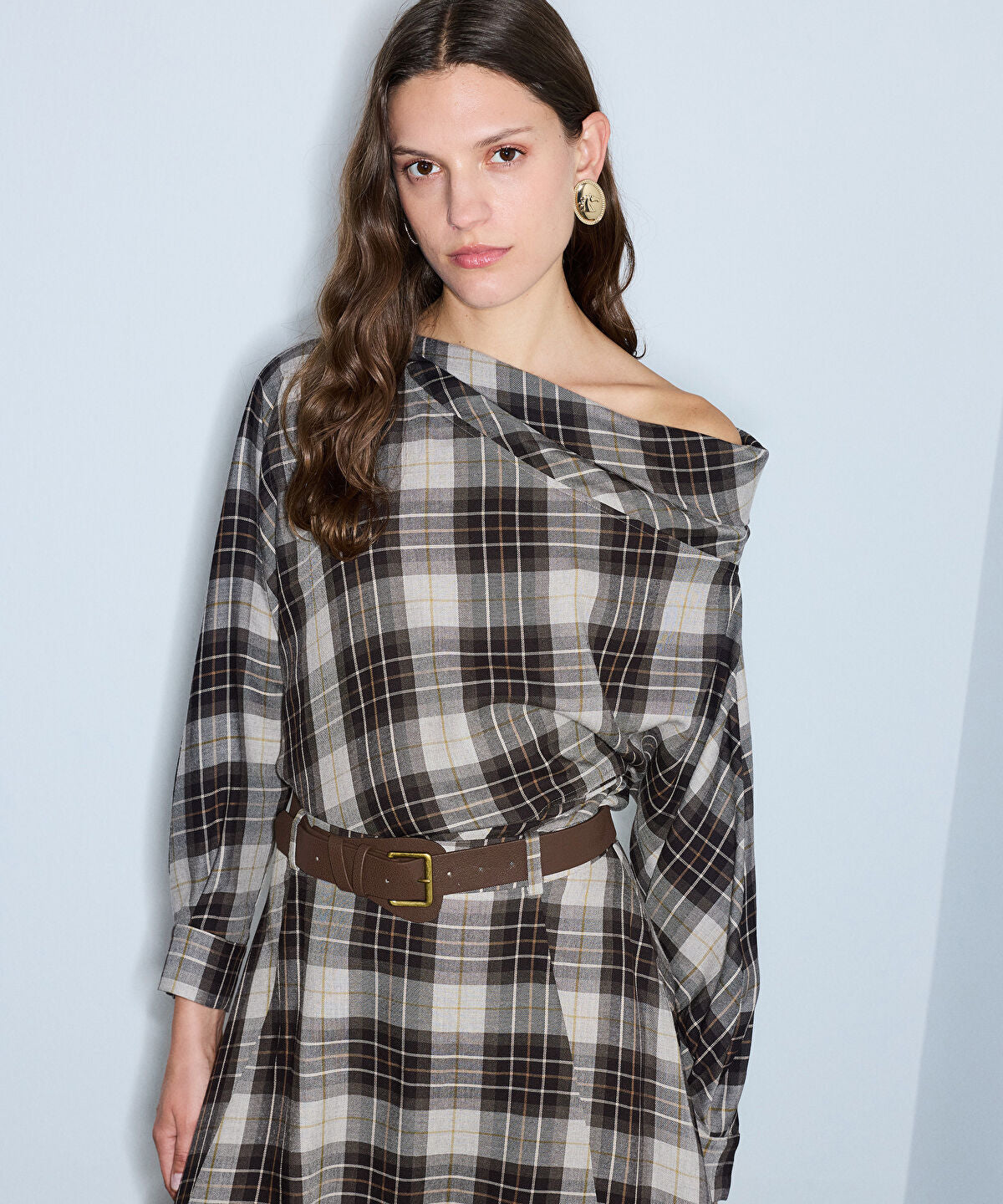 Plaid Boat-Neck Blouse