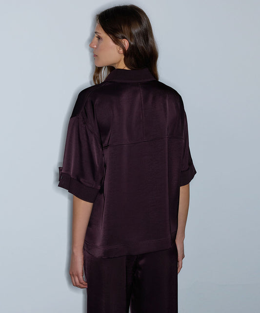 Ribbed-Trim Shiny Blouse