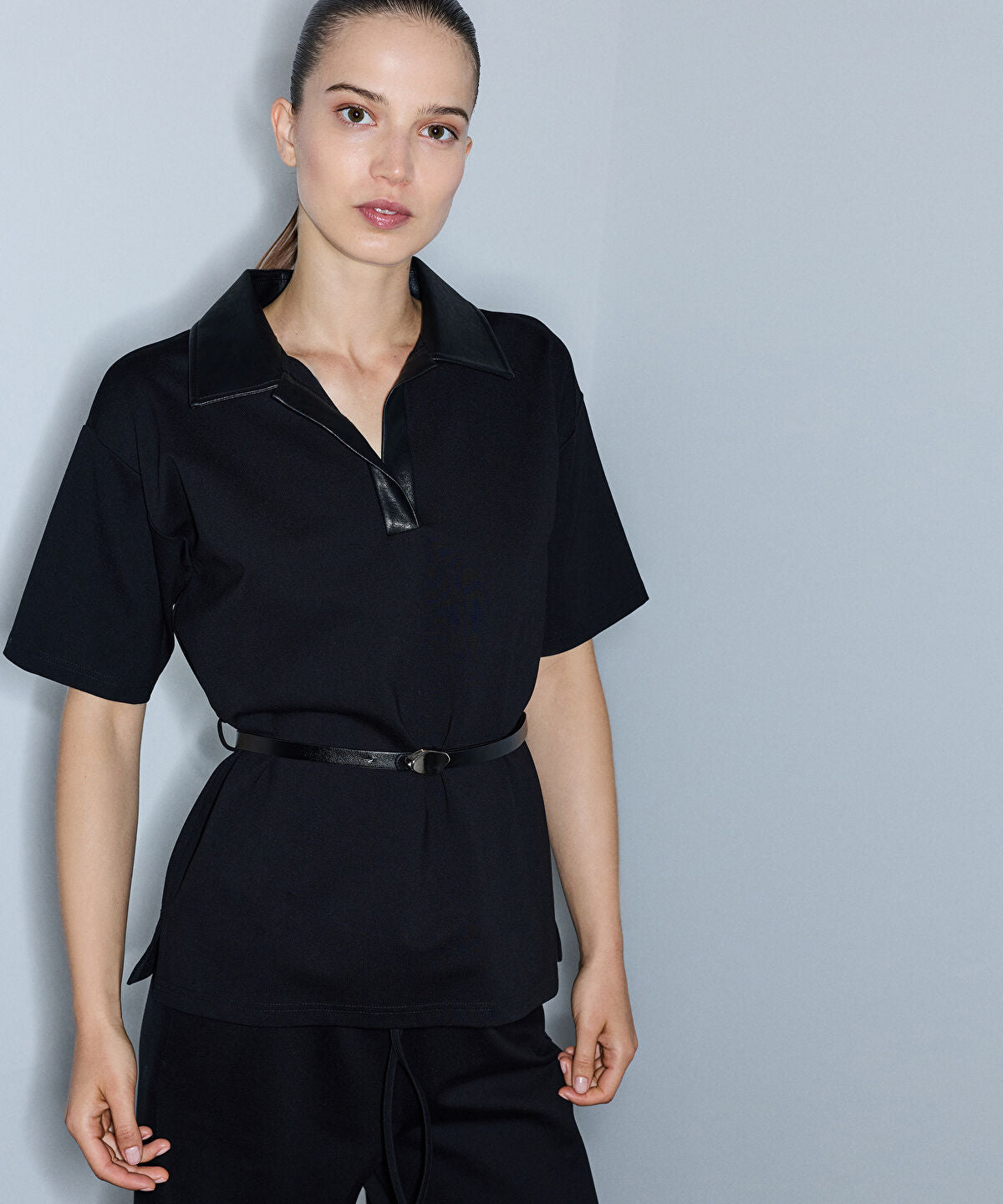 Zoomed Mixed Media Belted Blouse