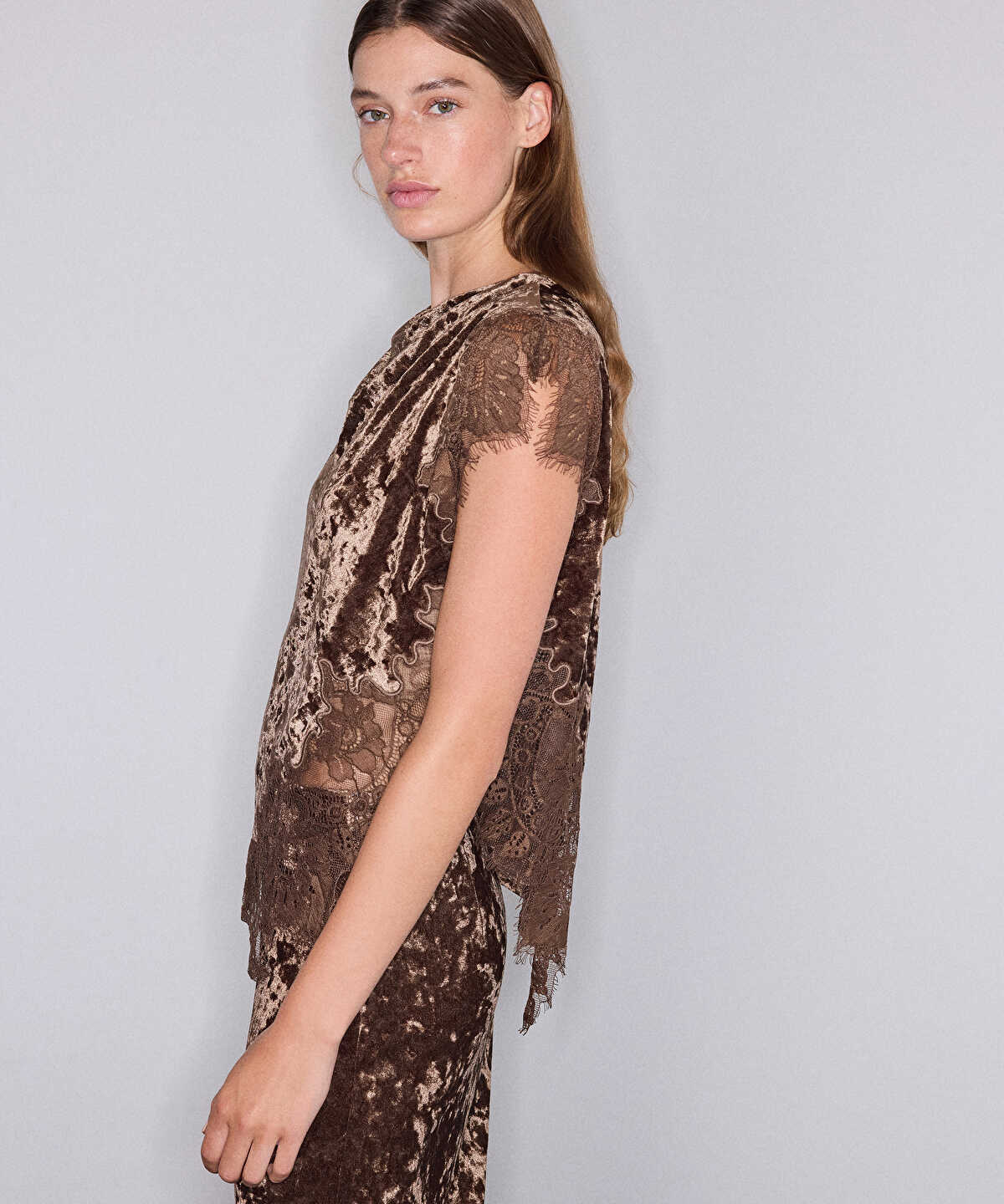 Lace Trim Velvet Blouse
