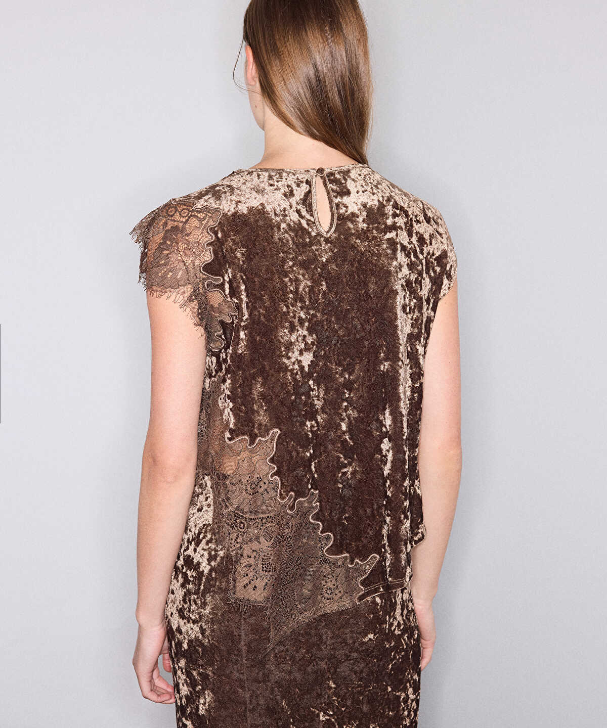 Lace Trim Velvet Blouse