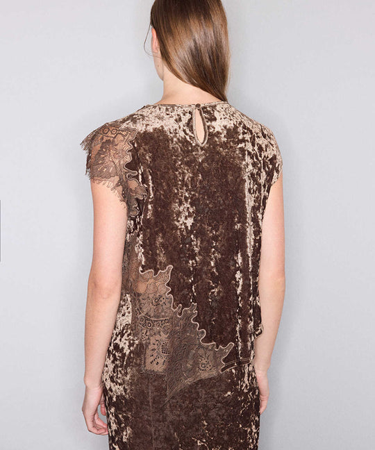 Lace Trim Velvet Blouse
