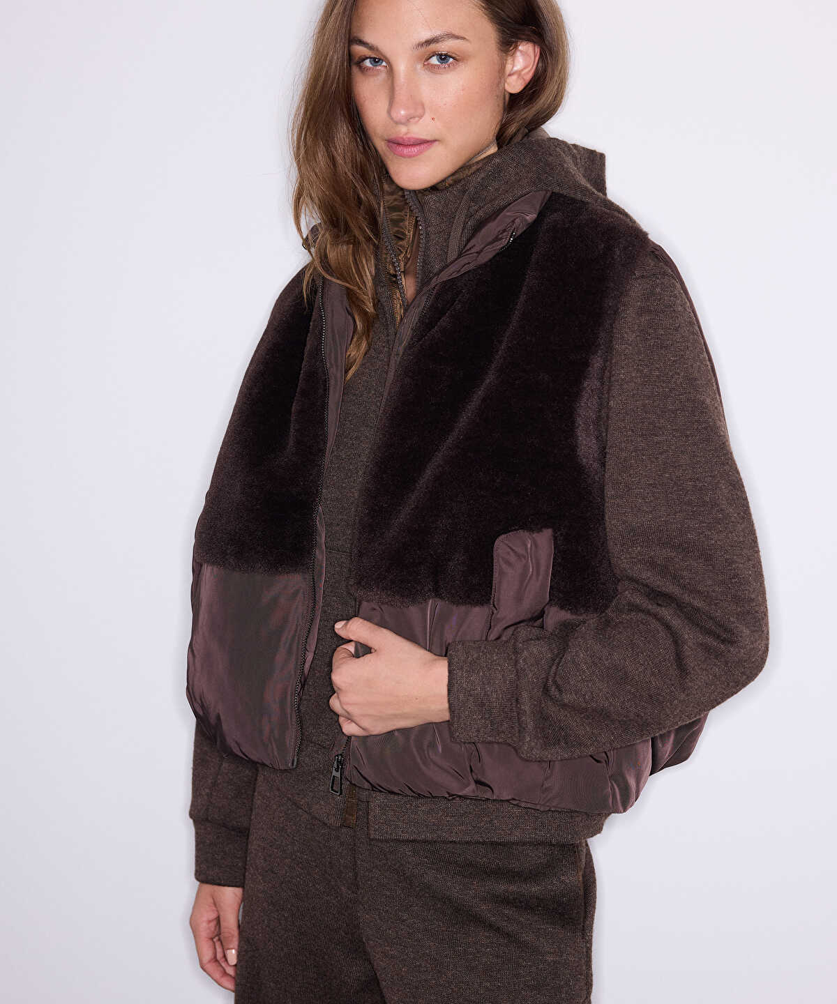 Contrast-Texture Bomber Vest