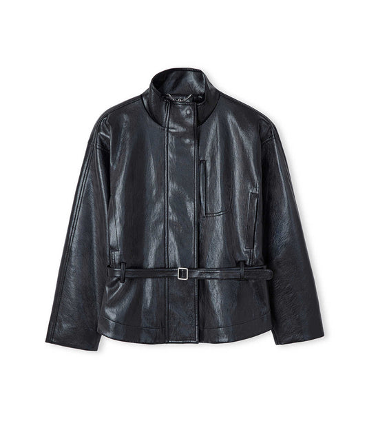 Leather-Effect Shoulder-Padded Coat