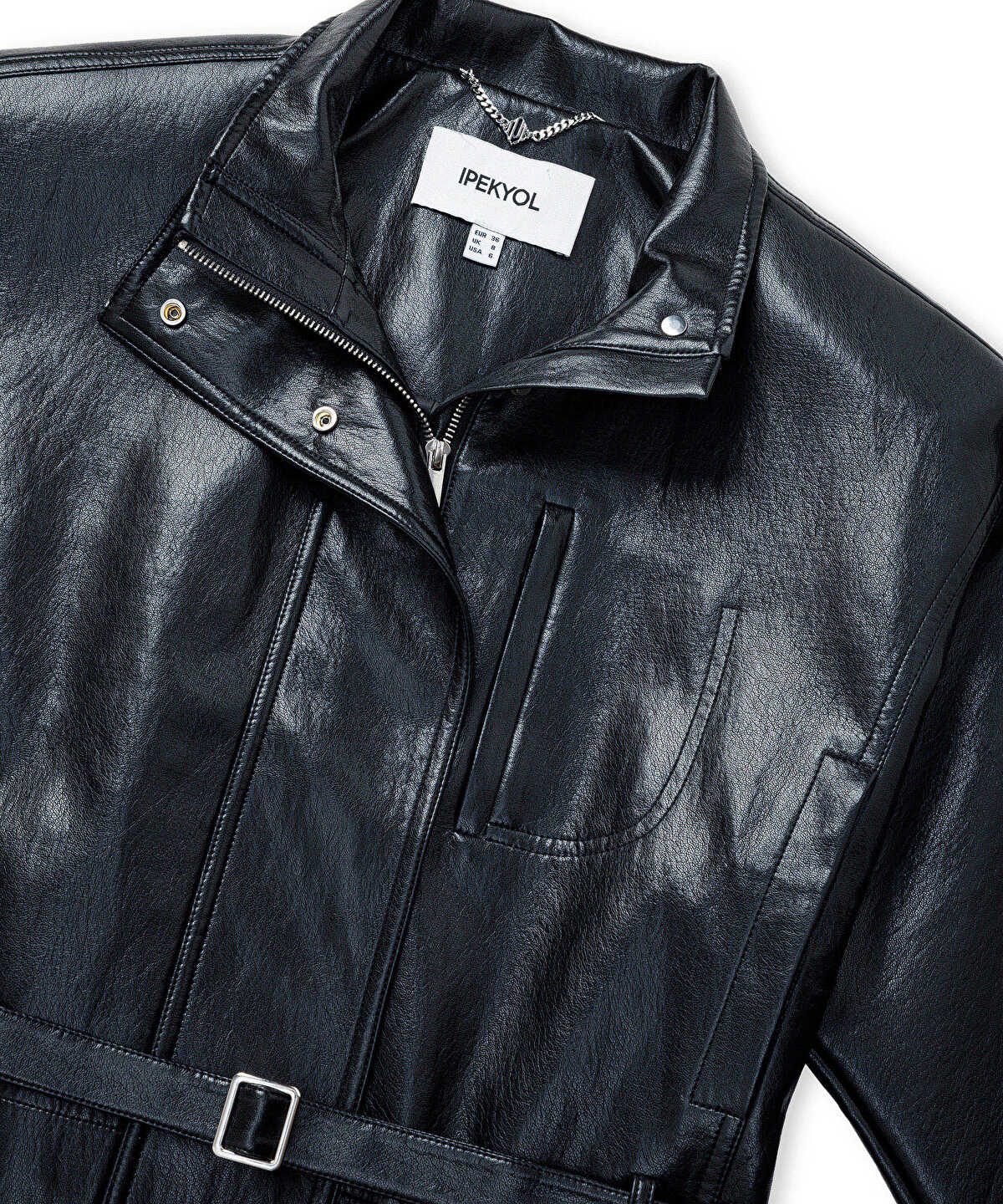 Zoomed Leather-Effect Shoulder-Padded Coat