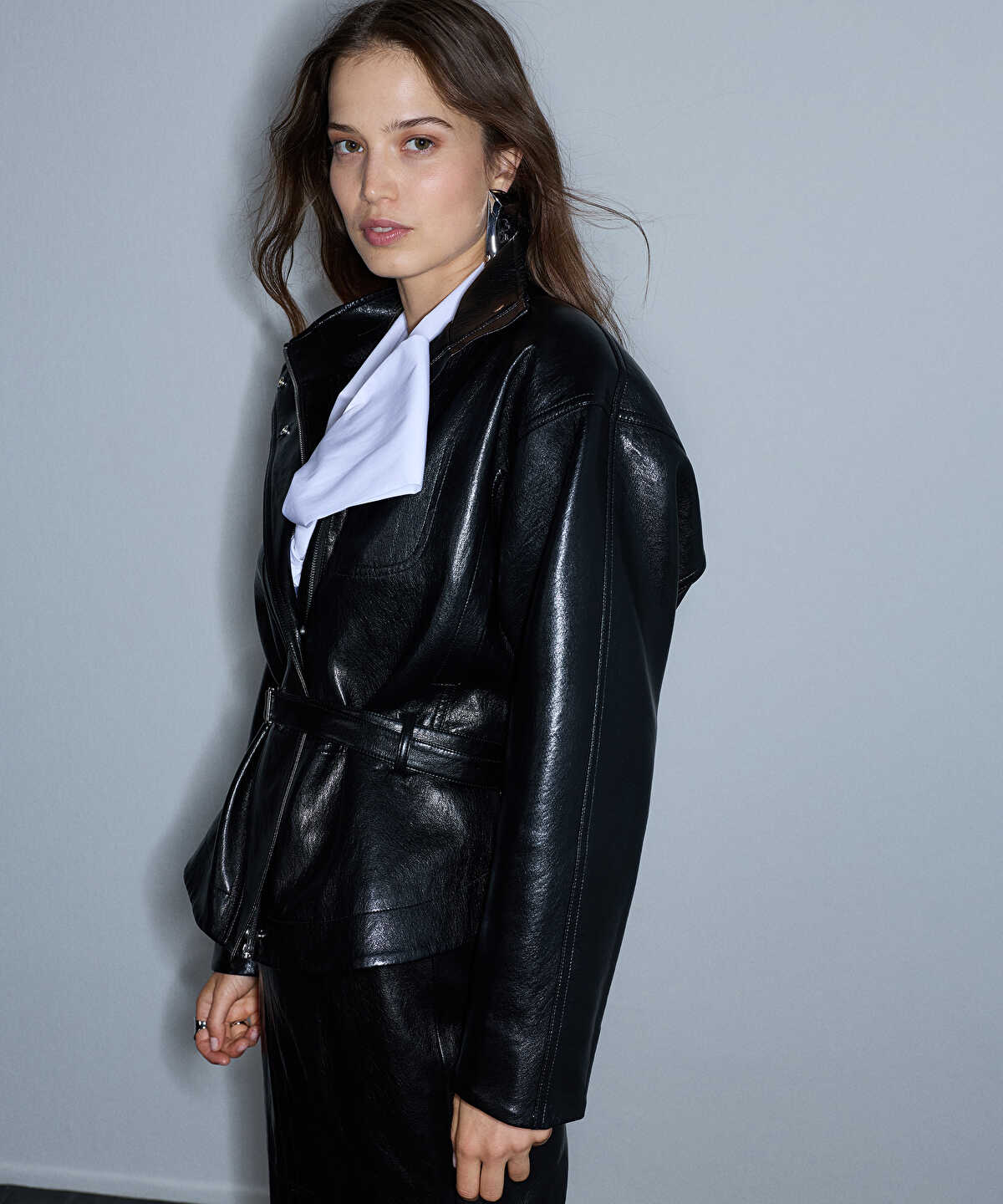 Leather-Effect Shoulder-Padded Coat