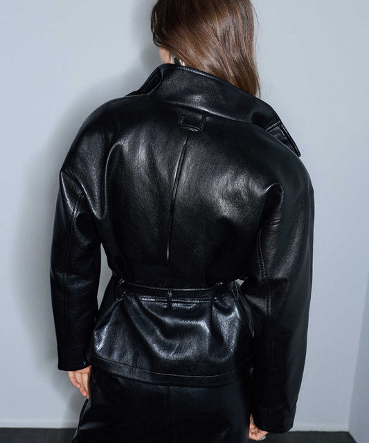 Leather-Effect Shoulder-Padded Coat