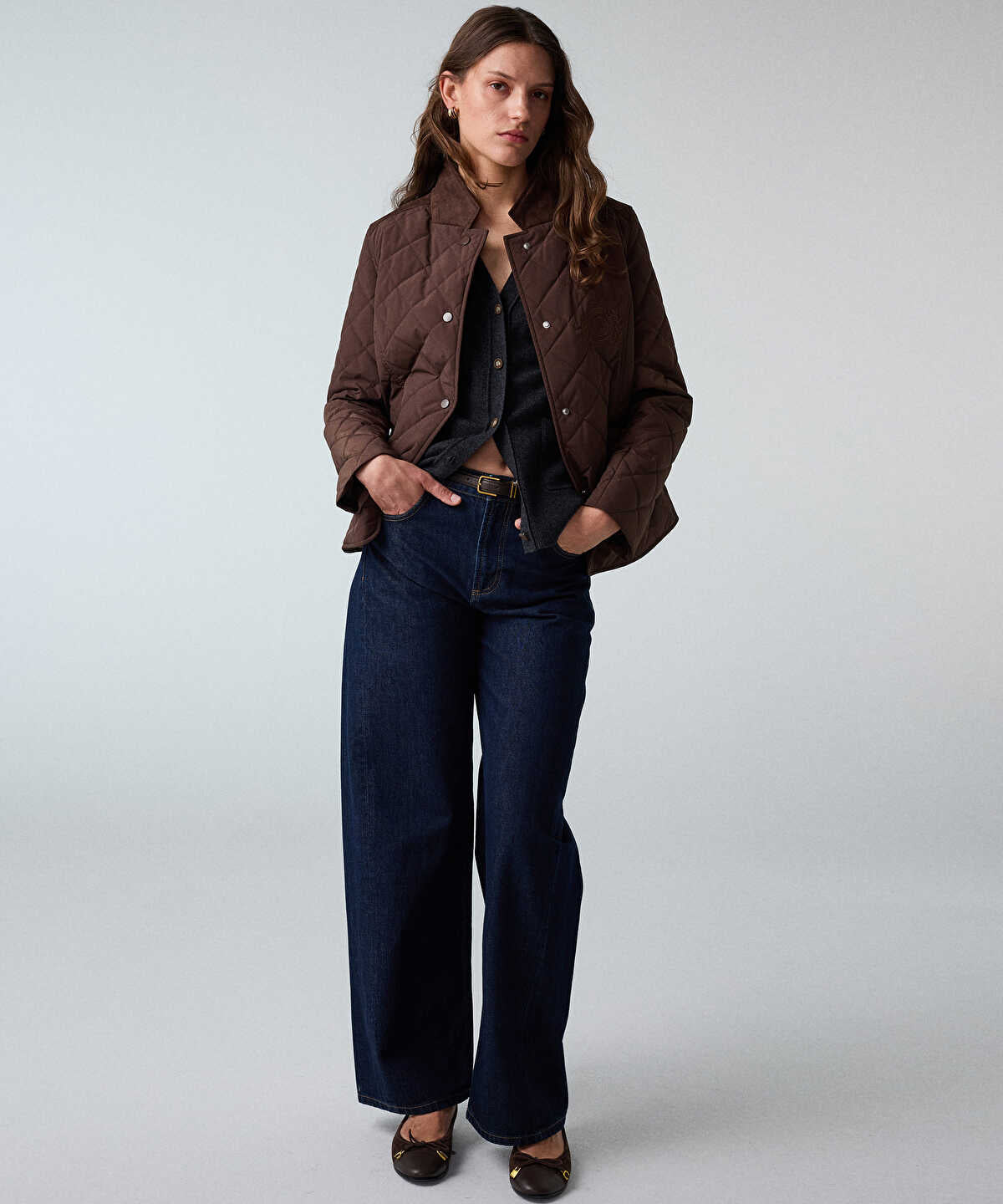 Embroidered Suede-Trim Quilted Coat